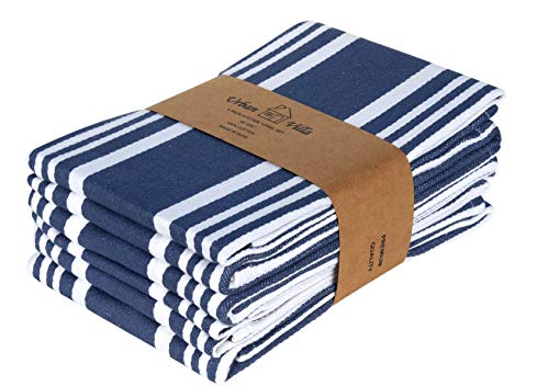 Asciugamani da cucina Urban Villa, righe alla moda, strofinacci 100% cotone, angoli obliqui, (dimensioni: 51X76 cm), asciugamani da bar e strofinacci molto assorbenti Blu indaco / bianco - (Set di 6)