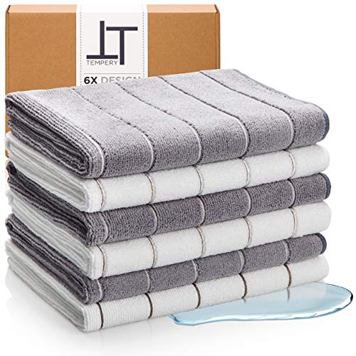Tempery ✮ Asciugamani da cucina in microfibra - Confezione da 6 Asciugamani da cucina Premium 40 * 65 cm Grigio e bianco 380 GSM - Panno da cucina estremamente assorbente per uso multiplo