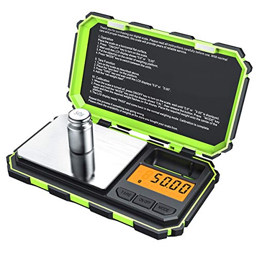 Bilancia di precisione Brifit, 200 g / 0,01 g, peso di calibrazione 50 g, bilancia di precisione 0,01 g, bilancia tascabile con display LCD, con funzione tara, acciaio inossidabile (batteria inclusa verde)
