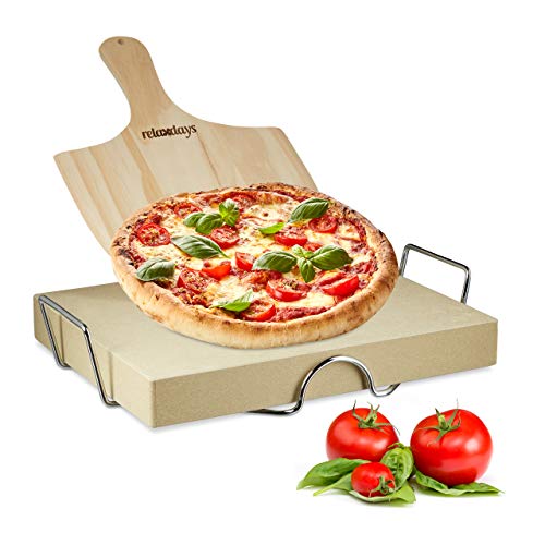 Relaxdays Set di pietre per pizza da 5 cm di spessore con supporto in metallo e spingipizza in legno HWD: 30x38x5cm
