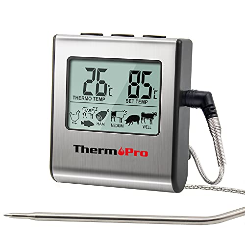 ThermoPro TP16 Termometro Digitale per Carne con Ampio Display LCD per Affumicatore Forno Cucina Dolci Termometro per Barbecue con Timer e Sonda di Temperatura in Acciaio Inox
