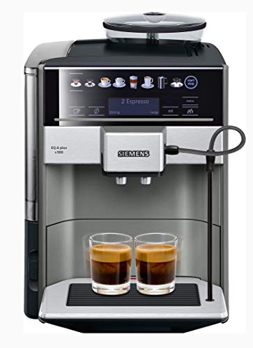 Siemens EQ.6 Plus s500 TE655203RW - Macchina da caffè automatica con schermo sensibile e testo in chiaro - 12 ricette di caffè e latte - Sistema iAroma e Aroma DoubleShot - Colore: Nero / Acciaio inossidabile