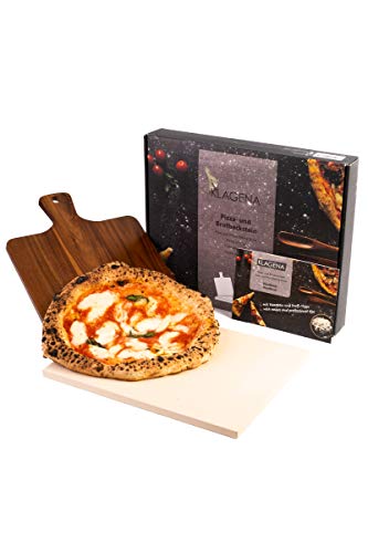 KLAGENA Set Pizza per Forno e Grill, Compreso Una Pietra Pizza e Una Pala Pizza in Legno di Acacia di Alta Qualità, Pietra per pane in cordierite 38x30x1 cm
