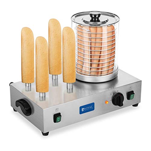 Royal Catering Macchina per Hot Dog Professionale Macchina per Hot Dog RCHW 2300 (Potenza 2 x 300 Watt, Temperatura 0-95 ° C, Dimensioni cilindro 24 cm, Diametro cilindro 20 cm, 4 Fessure per toast)