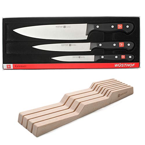 Wüsthof TR9675-8 Starter Kit con 3 coltelli da cucina Gourmet (ufficio, chef e pane) e un portacoltelli per cassetto in legno