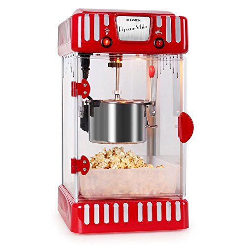 KLARSTEIN Volcano - Macchina per popcorn, design retrò anni '50, ciotola in acciaio rimovibile, braccio di miscelazione, illuminazione interna, porta magnetica, facile da preparare - rosso