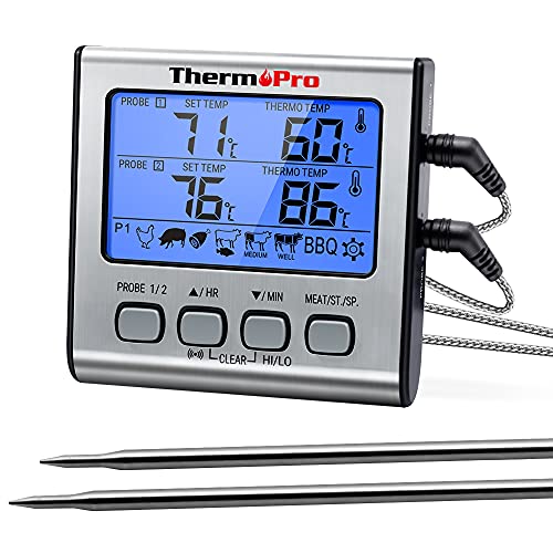 ThermoPro TP17 Termometro digitale per carne a doppia sonda con ampio display LCD retroilluminato Termometro da cucina Barbecue Grill Forno Affumicatore da cucina con timer