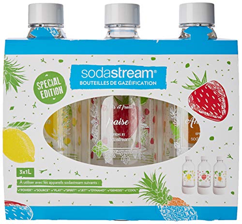 Sodastream Confezione da 3 Bottiglie Gassate Classiche con Motivi Frutta (Limone/Fragola/Ananas), Misura Grande 1 L, Edizione Speciale, Materiale: PET, Senza BPA
